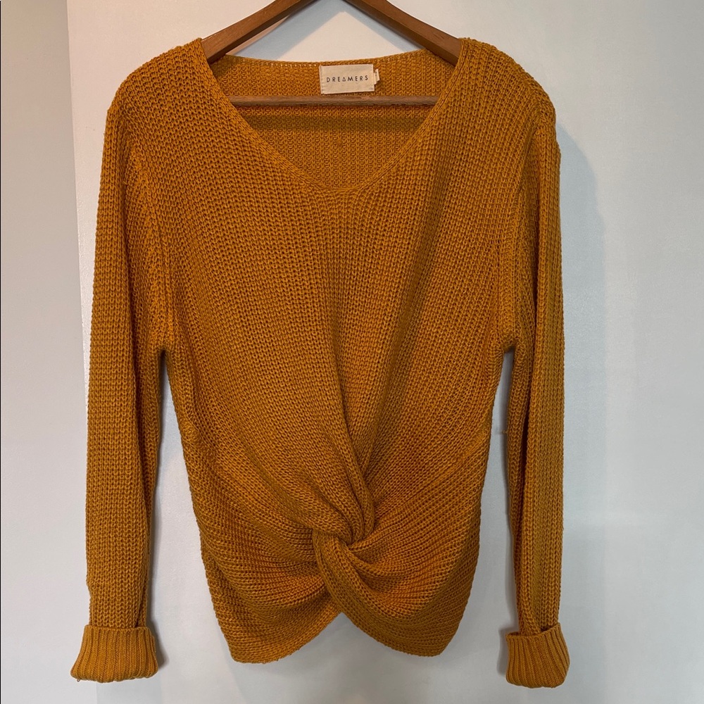 Dreamers Golden V-Neck Knotted Sweater